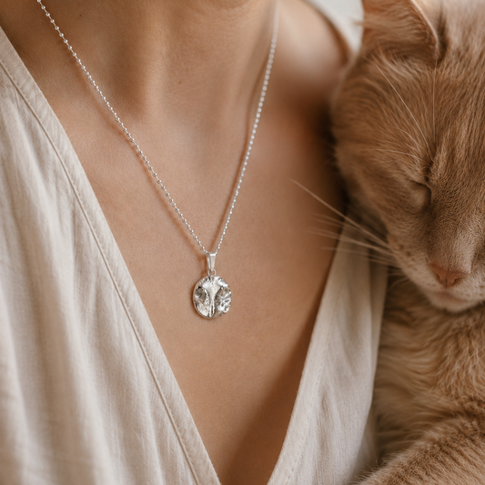 Anhänger mit dem originalen Abdruck einer Katzennase, liegend am hals einer Frau, die mit ihrer Katze kuschelt