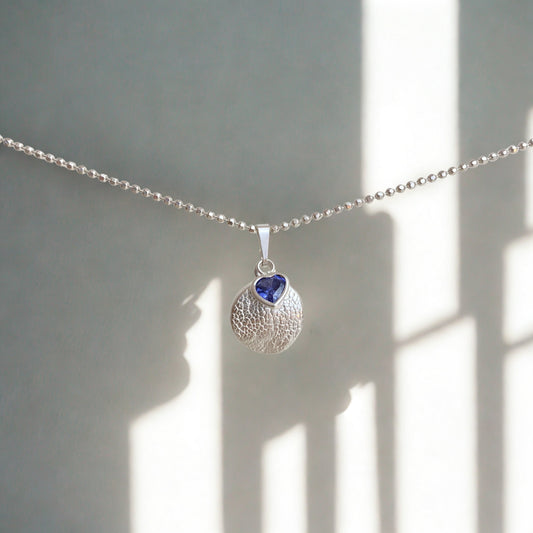 blauer herzanhänger mit Hundenasen Abdruck als halskette vor weißer wand mit schattenspiel