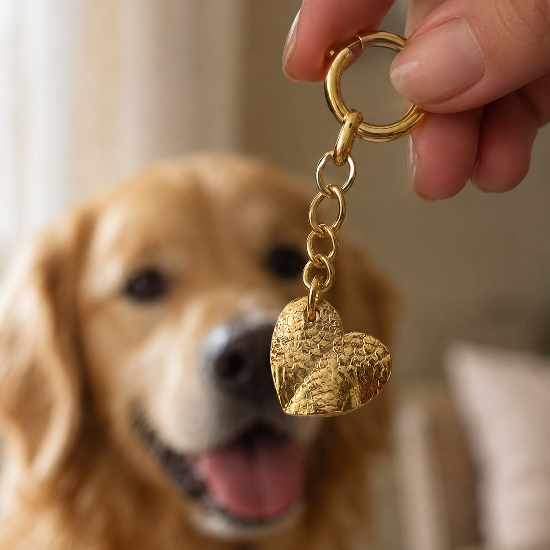Schlüsselanhänger mit Hundenasenabdruck und einem golden Retriever im Hintergrund