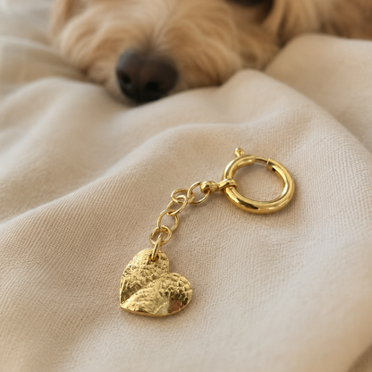 Schlüsselanhänger mit Hundenasenabdruck und Hund im Hintergrund
